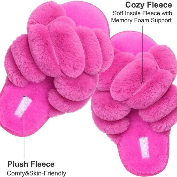 Women's Faux Fur Open Toe Slippers Cozy Fluffy House Slides for All Season - Picture 2 of 6